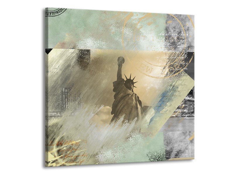 Glasschilderij Vrijheidsbeeld, New York | Grijs, Crème , Groen | 50x50cm 1Luik