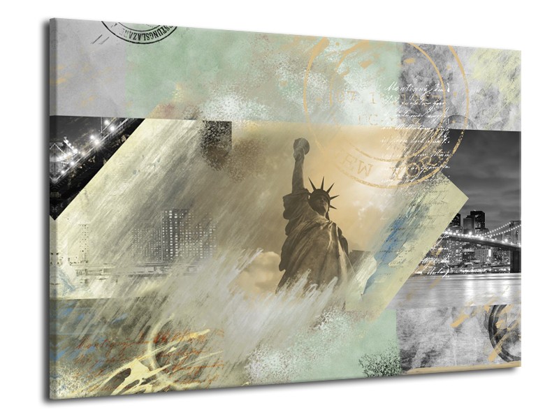 Glasschilderij Vrijheidsbeeld, New York | Grijs, Crème , Groen | 70x50cm 1Luik