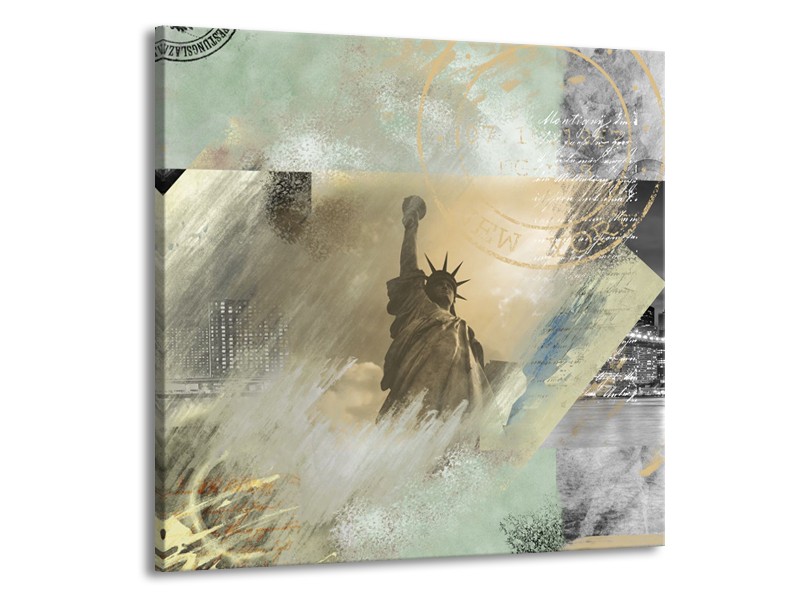 Glasschilderij Vrijheidsbeeld, New York | Grijs, Crème , Groen | 70x70cm 1Luik