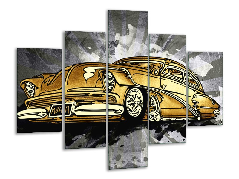 Canvas Schilderij Oldtimer, Auto | Grijs, Geel, Goud | 100x70cm 5Luik