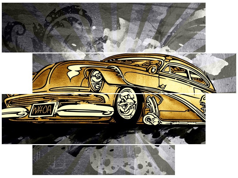 Canvas Schilderij Oldtimer, Auto | Grijs, Geel, Goud | 115x85cm 4Luik