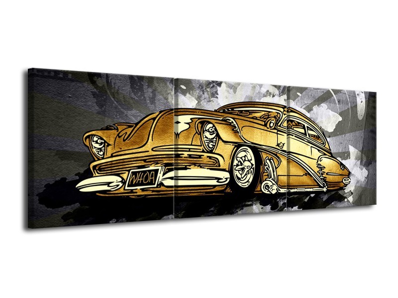 Glasschilderij Oldtimer, Auto | Grijs, Geel, Goud | 120x40cm 3Luik