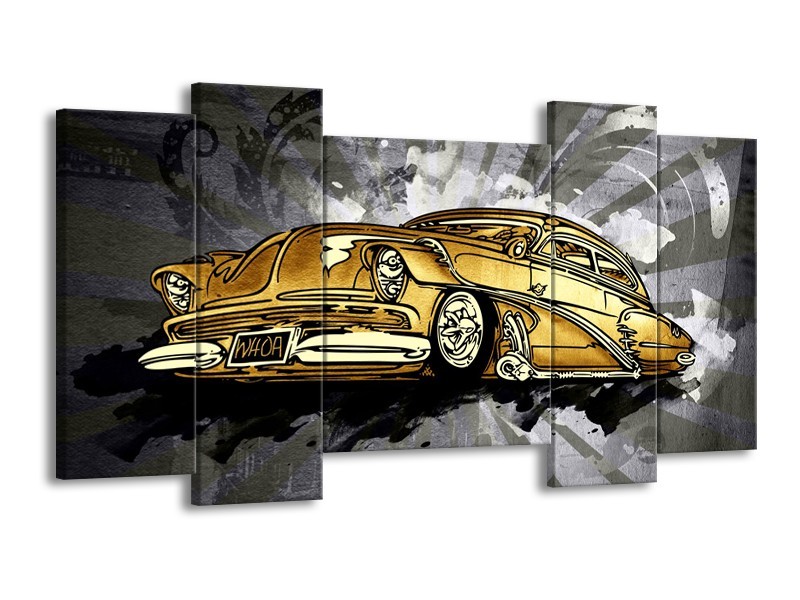 Glasschilderij Oldtimer, Auto | Grijs, Geel, Goud | 120x65cm 5Luik