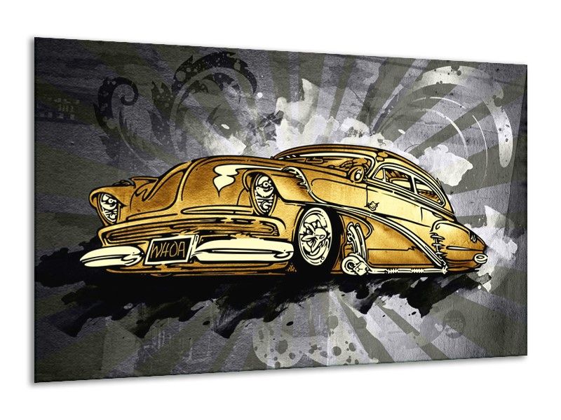 Glasschilderij Oldtimer, Auto | Grijs, Geel, Goud | 120x70cm 1Luik