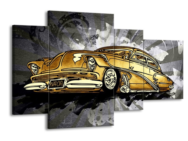 Canvas Schilderij Oldtimer, Auto | Grijs, Geel, Goud | 120x75cm 4Luik