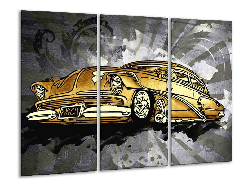 Canvas Schilderij Oldtimer, Auto | Grijs, Geel, Goud | 120x80cm 3Luik