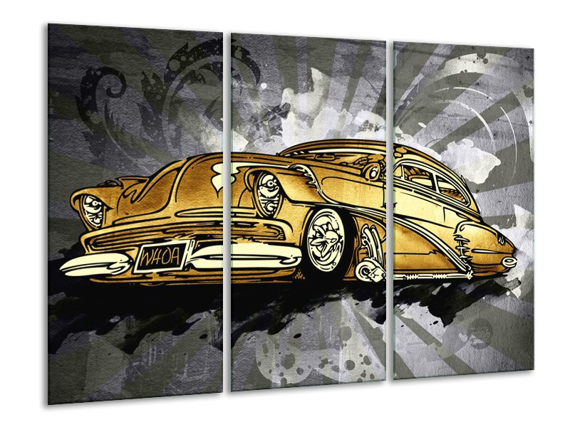 Glasschilderij Oldtimer, Auto | Grijs, Geel, Goud | 120x80cm 3Luik