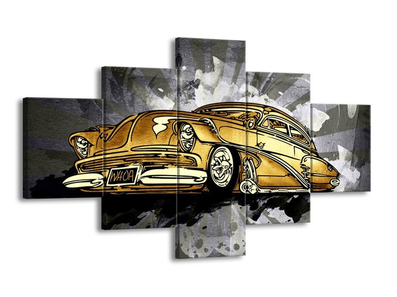 Canvas Schilderij Oldtimer, Auto | Grijs, Geel, Goud | 125x70cm 5Luik