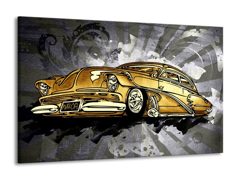 Glasschilderij Oldtimer, Auto | Grijs, Geel, Goud | 140x90cm 1Luik