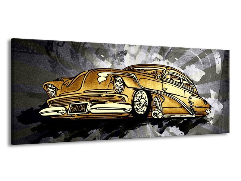 Canvas Schilderij Oldtimer, Auto | Grijs, Geel, Goud | 145x58cm 1Luik