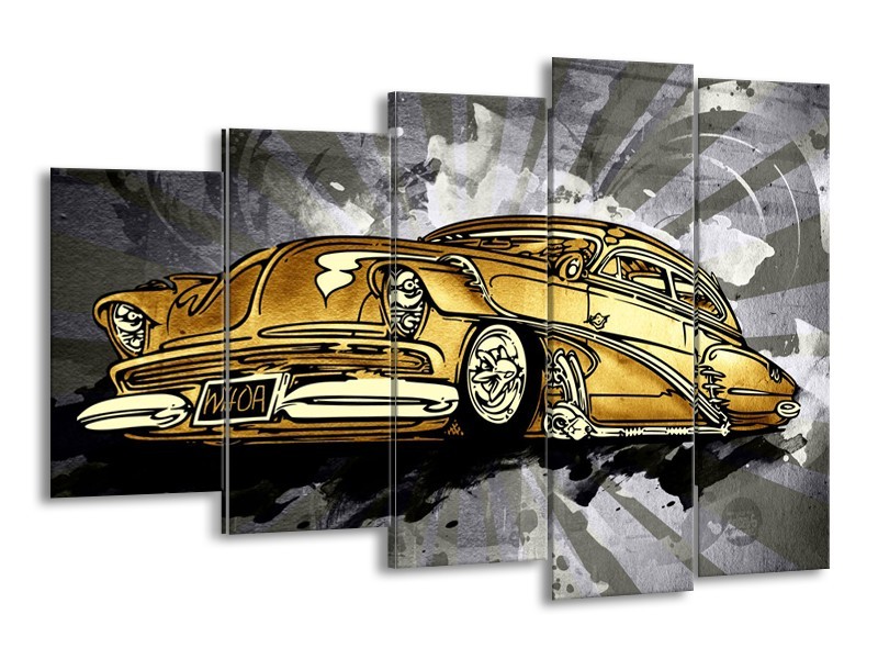 Canvas Schilderij Oldtimer, Auto | Grijs, Geel, Goud | 150x100cm 5Luik