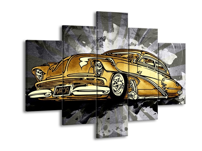 Glasschilderij Oldtimer, Auto | Grijs, Geel, Goud | 150x105cm 5Luik