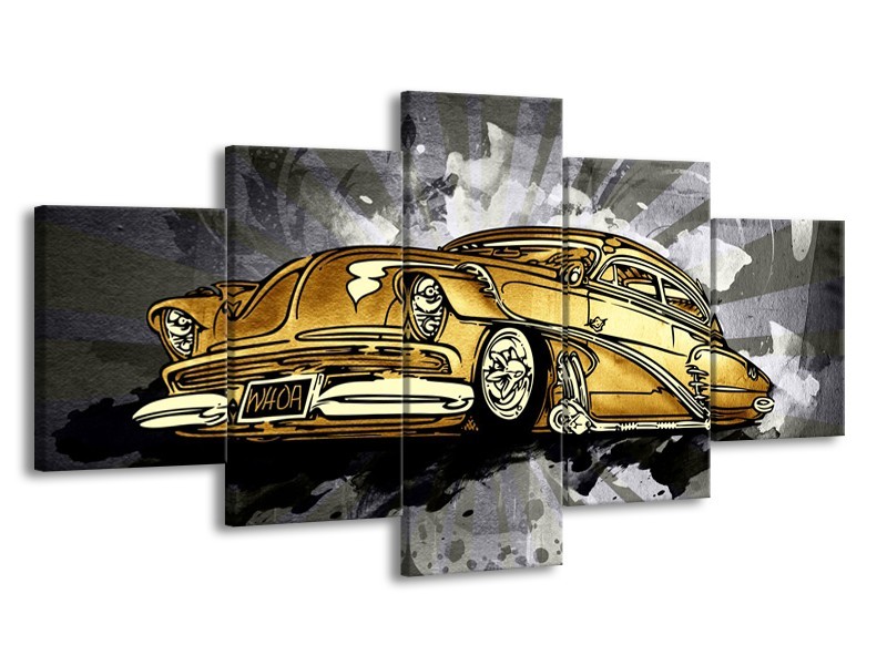 Glasschilderij Oldtimer, Auto | Grijs, Geel, Goud | 150x80cm 5Luik