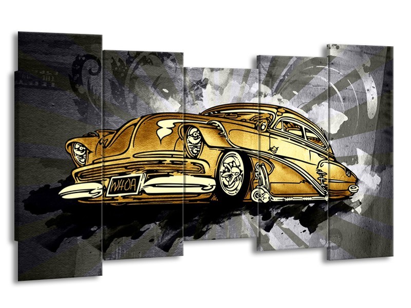 Glasschilderij Oldtimer, Auto | Grijs, Geel, Goud | 150x80cm 5Luik