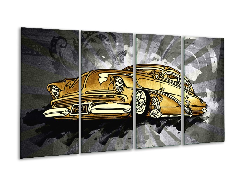 Glasschilderij Oldtimer, Auto | Grijs, Geel, Goud | 160x80cm 4Luik