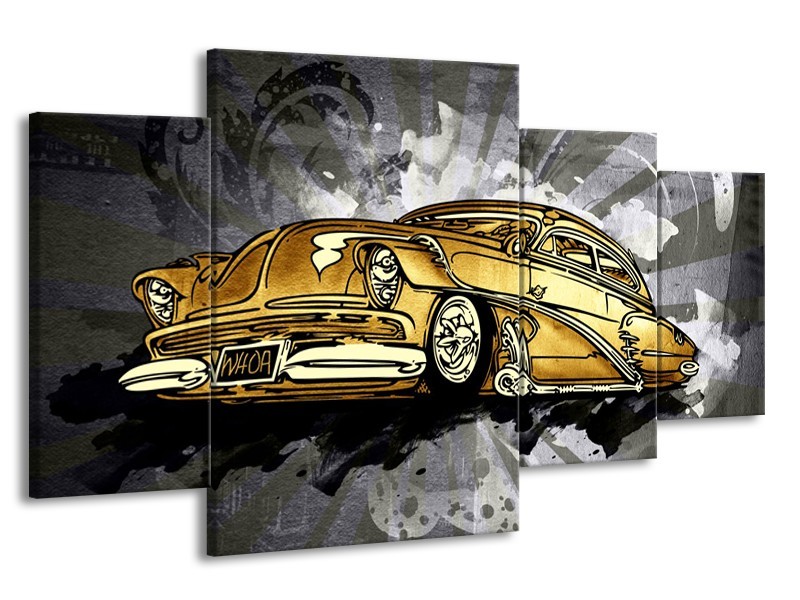 Canvas Schilderij Oldtimer, Auto | Grijs, Geel, Goud | 160x90cm 4Luik