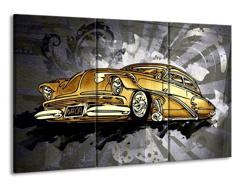 Canvas Schilderij Oldtimer, Auto | Grijs, Geel, Goud | 165x100cm 3Luik