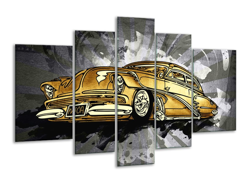 Glasschilderij Oldtimer, Auto | Grijs, Geel, Goud | 170x100cm 5Luik