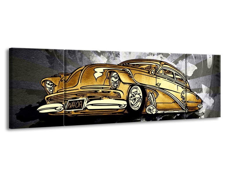 Canvas Schilderij Oldtimer, Auto | Grijs, Geel, Goud | 170x50cm 3Luik