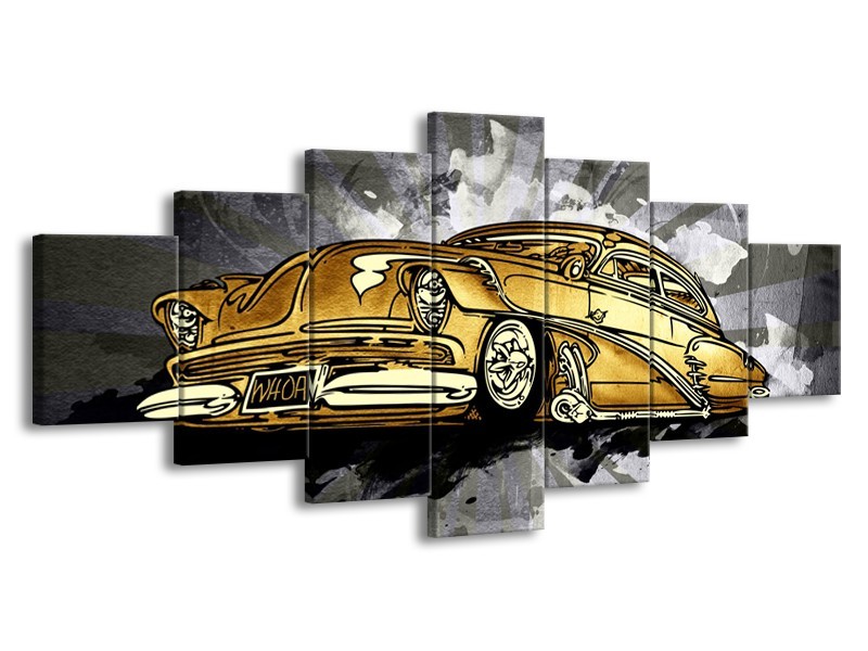 Canvas Schilderij Oldtimer, Auto | Grijs, Geel, Goud | 210x100cm 7Luik