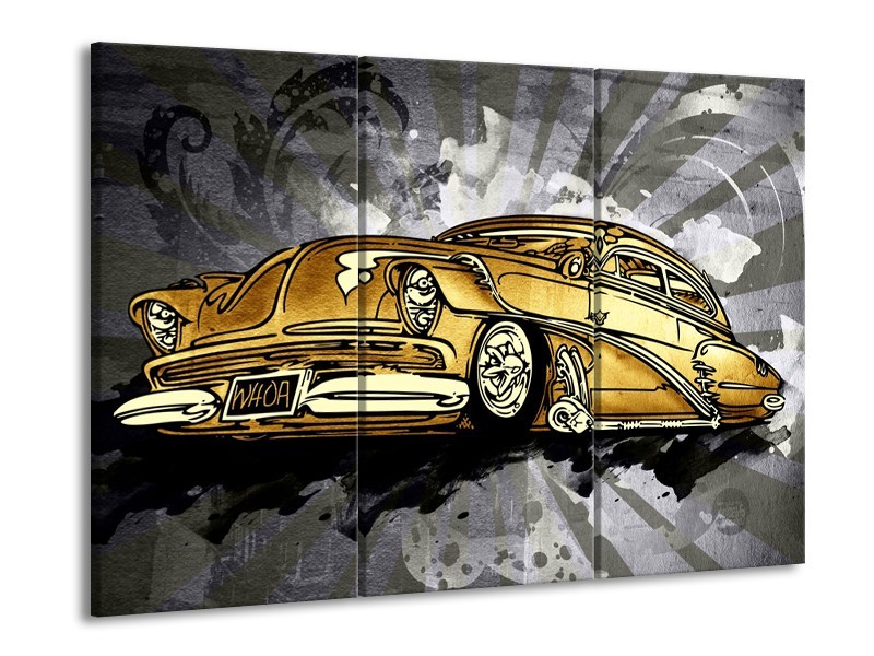 Glasschilderij Oldtimer, Auto | Grijs, Geel, Goud | 60x90cm 3Luik