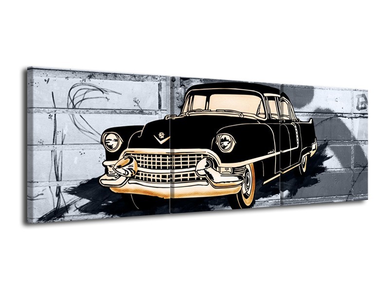 Canvas Schilderij Oldtimer, Auto | Grijs, Zwart, Geel | 120x40cm 3Luik