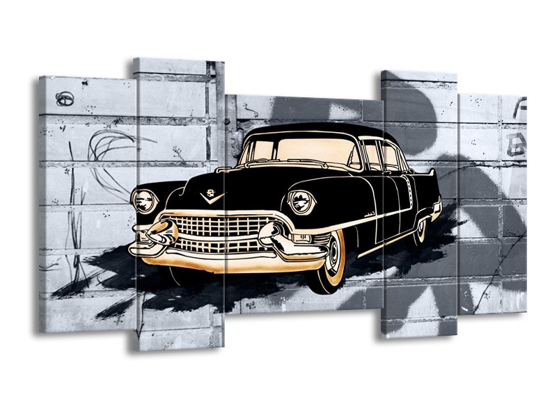 Canvas Schilderij Oldtimer, Auto | Grijs, Zwart, Geel | 120x65cm 5Luik