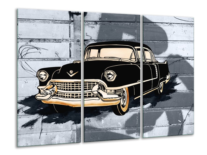 Canvas Schilderij Oldtimer, Auto | Grijs, Zwart, Geel | 120x80cm 3Luik