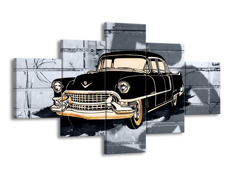 Glasschilderij Oldtimer, Auto | Grijs, Zwart, Geel | 125x70cm 5Luik