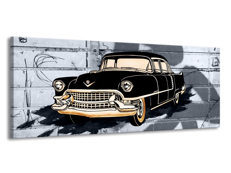 Canvas Schilderij Oldtimer, Auto | Grijs, Zwart, Geel | 145x58cm 1Luik