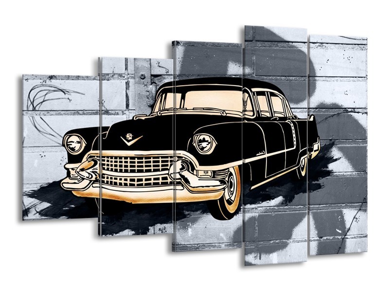 Canvas Schilderij Oldtimer, Auto | Grijs, Zwart, Geel | 150x100cm 5Luik