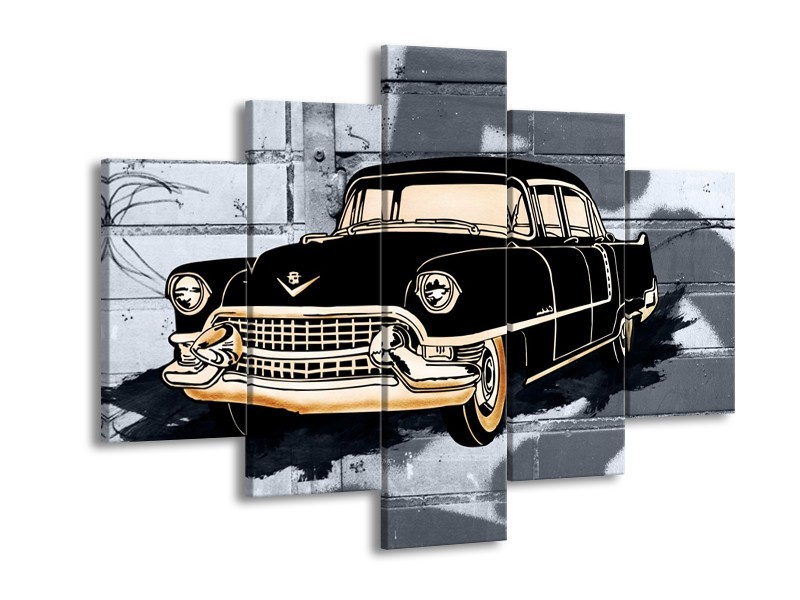 Glasschilderij Oldtimer, Auto | Grijs, Zwart, Geel | 150x105cm 5Luik