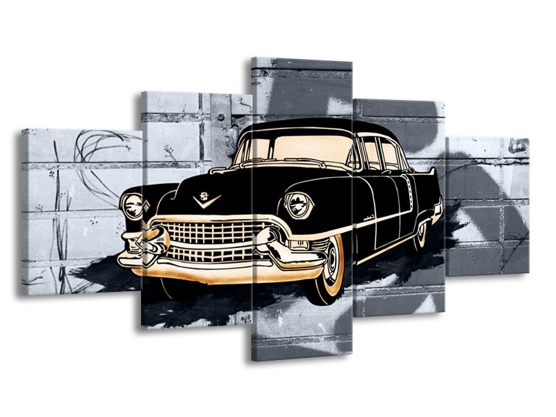 Glasschilderij Oldtimer, Auto | Grijs, Zwart, Geel | 150x80cm 5Luik