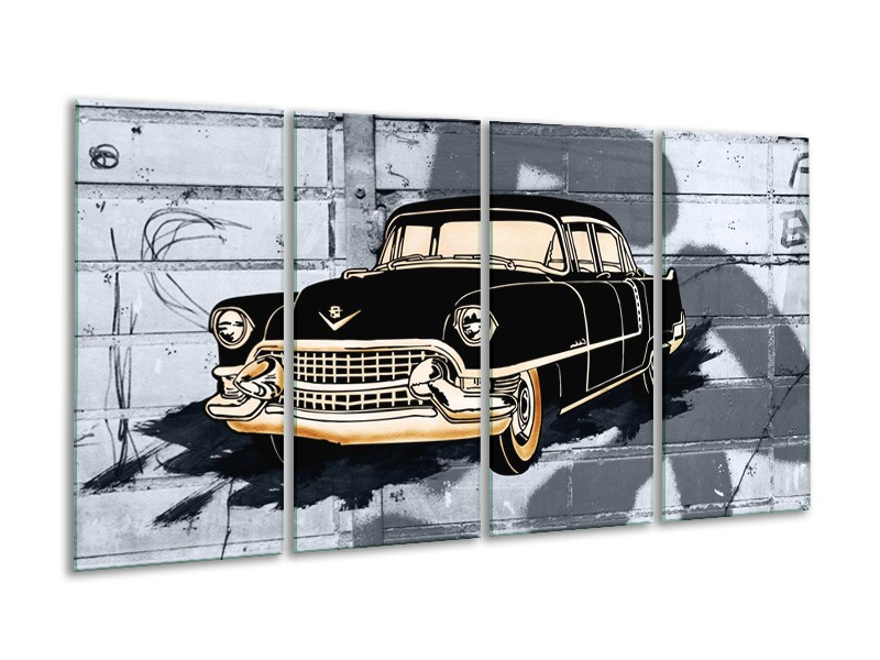 Glasschilderij Oldtimer, Auto | Grijs, Zwart, Geel | 160x80cm 4Luik