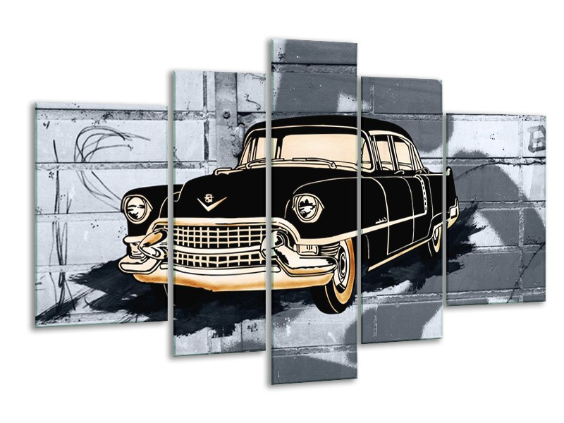 Canvas Schilderij Oldtimer, Auto | Grijs, Zwart, Geel | 170x100cm 5Luik