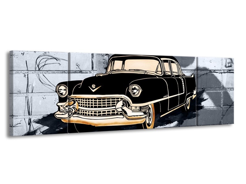 Glasschilderij Oldtimer, Auto | Grijs, Zwart, Geel | 170x50cm 3Luik