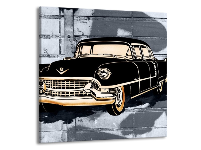 Glasschilderij Oldtimer, Auto | Grijs, Zwart, Geel | 50x50cm 1Luik