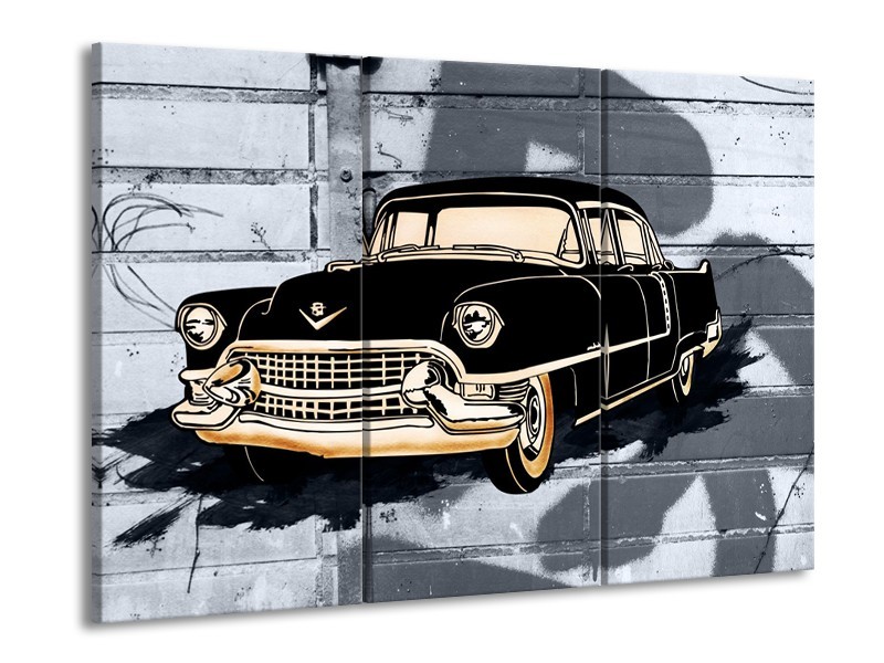 Canvas Schilderij Oldtimer, Auto | Grijs, Zwart, Geel | 60x90cm 3Luik