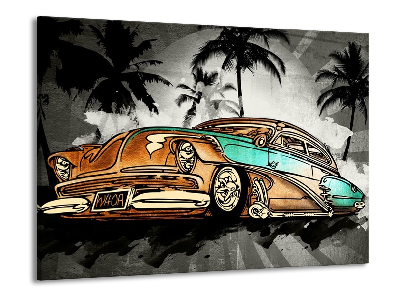 Canvas Schilderij Oldtimer, Auto | Zwart, Wit, Oranje | 100x70cm 1Luik