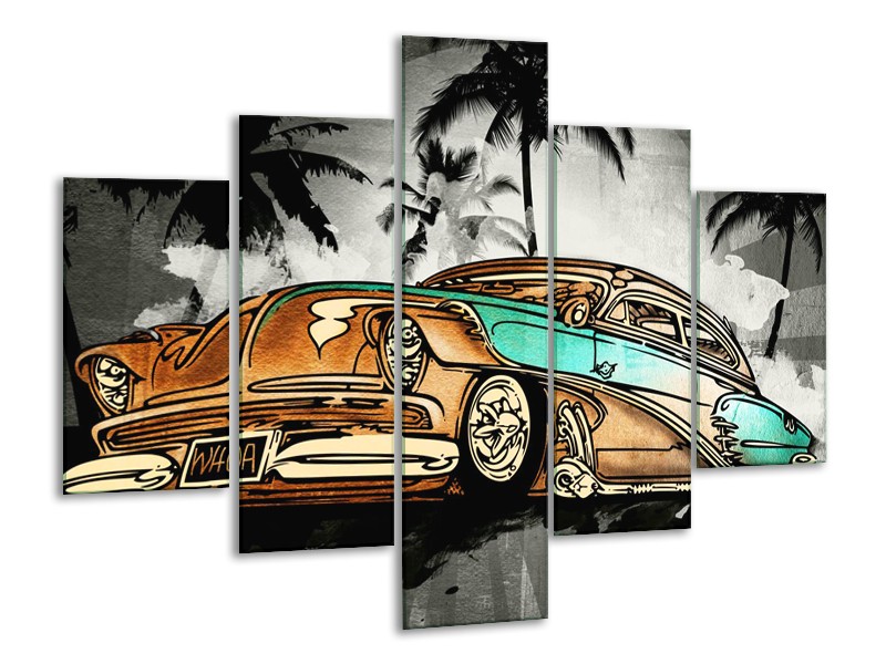 Canvas Schilderij Oldtimer, Auto | Zwart, Wit, Oranje | 100x70cm 5Luik