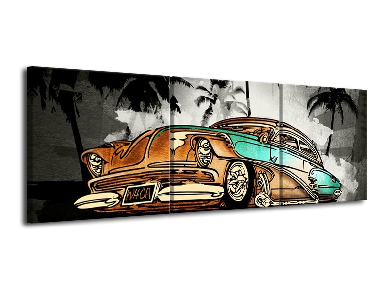 Glasschilderij Oldtimer, Auto | Zwart, Wit, Oranje | 120x40cm 3Luik