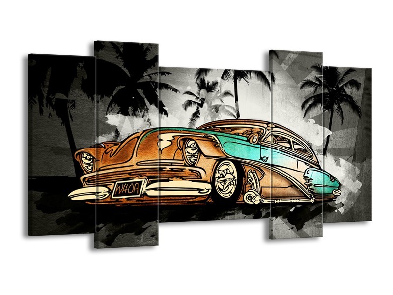 Canvas Schilderij Oldtimer, Auto | Zwart, Wit, Oranje | 120x65cm 5Luik