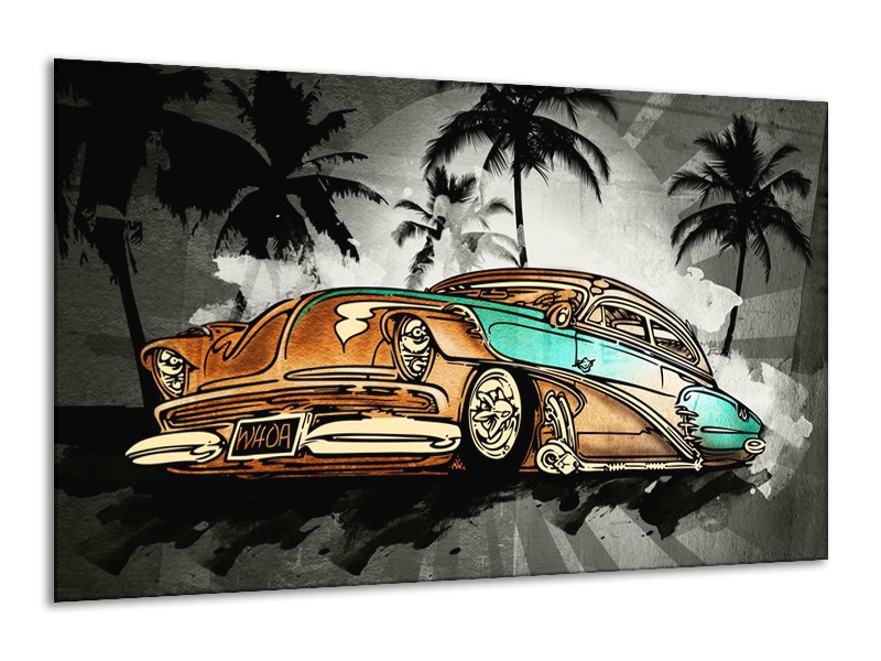 Canvas Schilderij Oldtimer, Auto | Zwart, Wit, Oranje | 120x70cm 1Luik