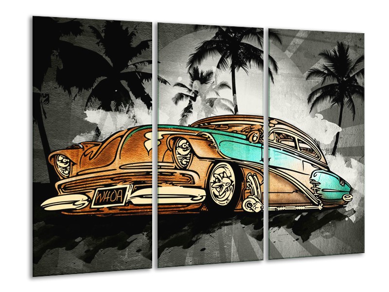 Canvas Schilderij Oldtimer, Auto | Zwart, Wit, Oranje | 120x80cm 3Luik