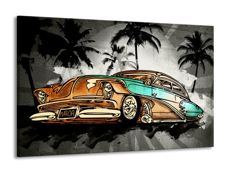 Canvas Schilderij Oldtimer, Auto | Zwart, Wit, Oranje | 140x90cm 1Luik