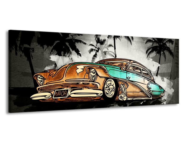 Canvas Schilderij Oldtimer, Auto | Zwart, Wit, Oranje | 145x58cm 1Luik