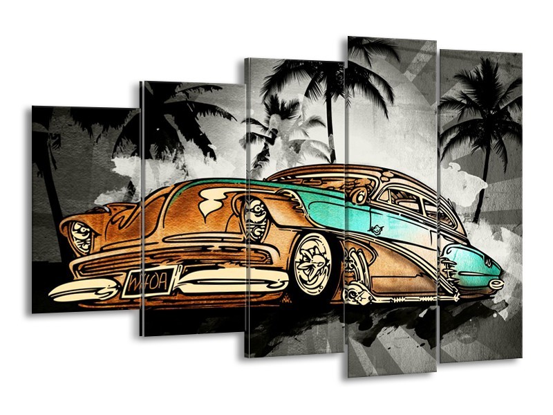 Canvas Schilderij Oldtimer, Auto | Zwart, Wit, Oranje | 150x100cm 5Luik