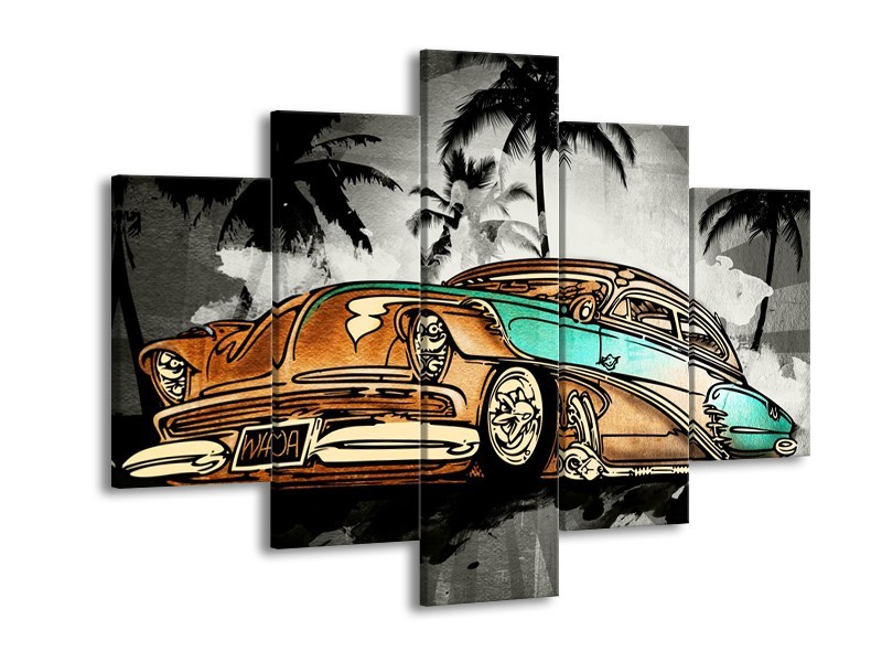 Canvas Schilderij Oldtimer, Auto | Zwart, Wit, Oranje | 150x105cm 5Luik