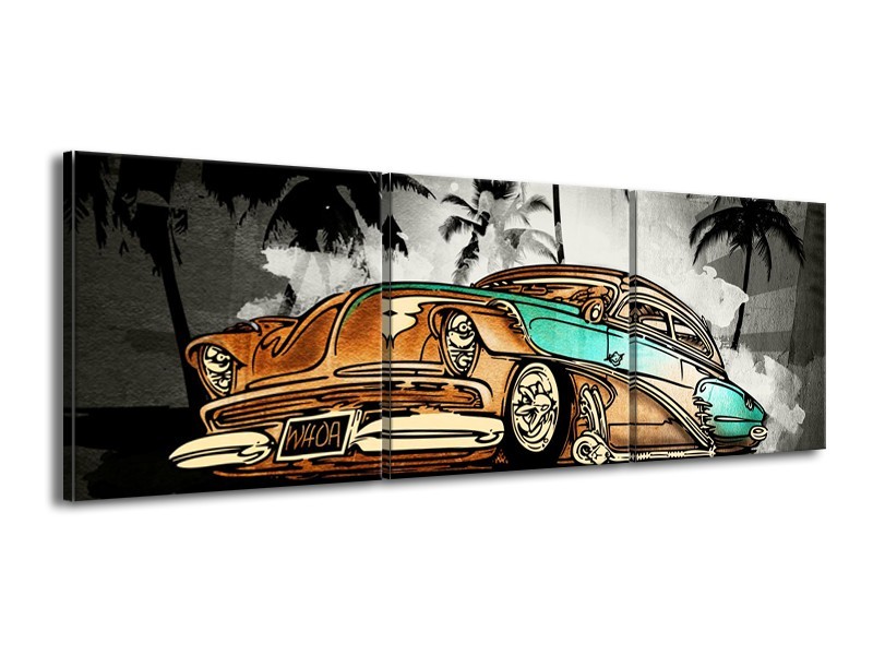 Canvas Schilderij Oldtimer, Auto | Zwart, Wit, Oranje | 150x50cm 3Luik