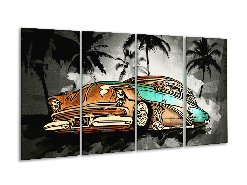 Canvas Schilderij Oldtimer, Auto | Zwart, Wit, Oranje | 160x80cm 4Luik